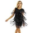 thumbnail image 1 of iEFiEL Robe Mini à Sequins Brillants à Franges en Faux Cuir Col en V Sans Manches Tenue de Danse Samba Noire TG, 1 of 6