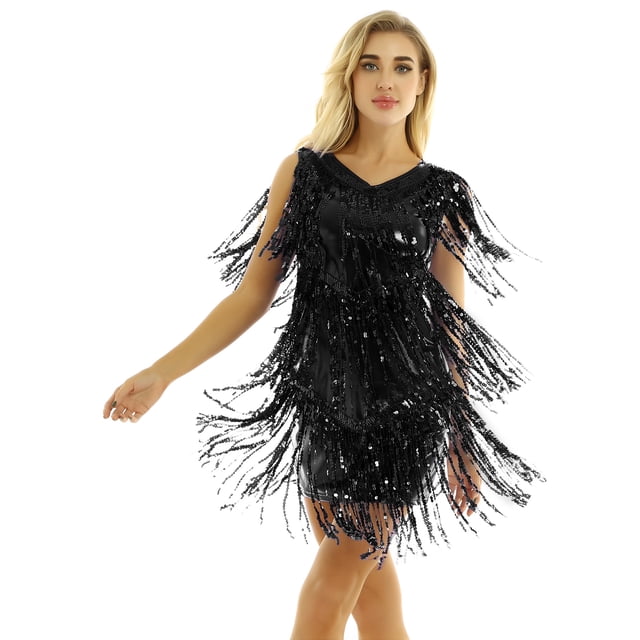 iEFiEL Robe Mini à Sequins Brillants à Franges en Faux Cuir Col en V Sans Manches Tenue de Danse Samba Noire TG