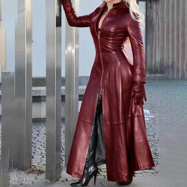 PVCS Women's Autumn And Winter Solid Long Leather Coat Imitation Leather Windbreaker Coat