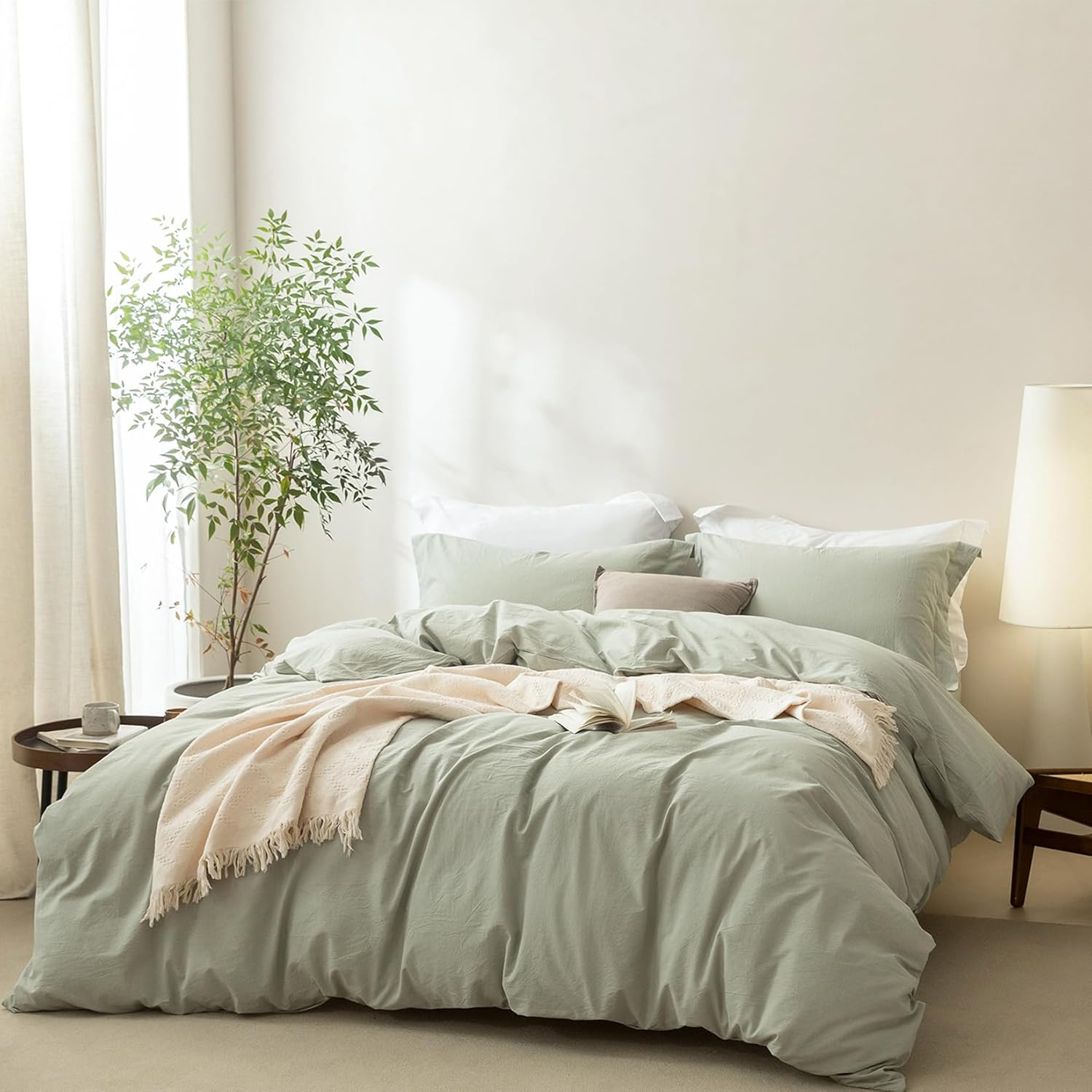 Linen Feel Sage Green Duvet Cover Queen Size 90'' L x 90'' W, Percale 100% Washed Cotton Duvet Cover with Zipper Closure Plus 2 Pillowcases, Oeko TEX Standard Certificated