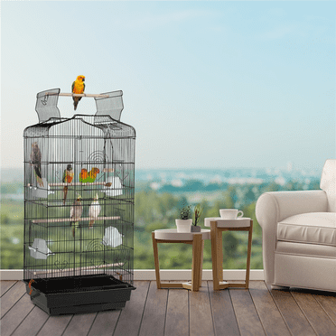 Yaheetech 41'' H Open Top Metal Bird Cage with Slide-out Tray& Four Feeders, Black