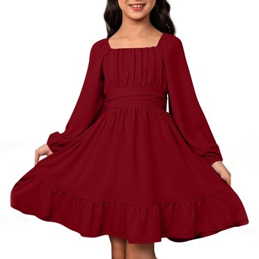 Robes pour Filles Décontractées à Manches Longues Robe Dos Nu avec Ceinture à la Taille pour Extérieur Été Printemps Automne Robes pour Filles Rouge 140/10 A-11 A