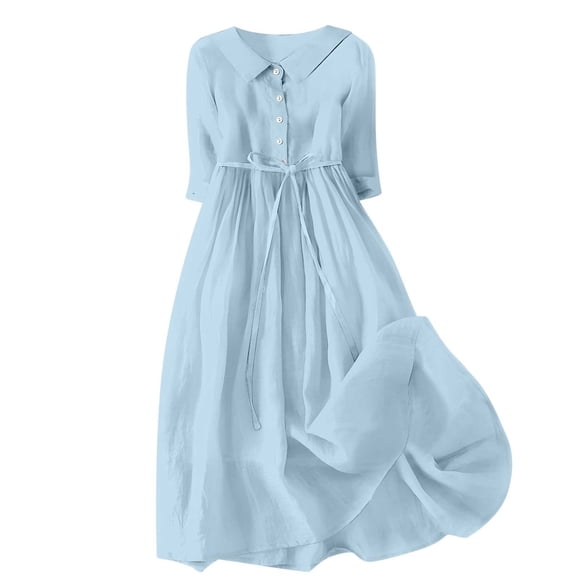 bbymog Women Dresses Summer Dresses Fashion Solid Color Turndown 3/4 Sleeve Midi Dress Cotton and Linen Beach Dress with Drawstring Blue AA XXL