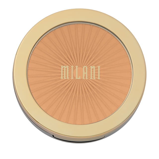 Milani Silky Matte Bronzing Powder in a round compact with a gold rim and clear lid showing warm matte bronze powder embossed with a sunburst pattern and the Milani logo in gold lettering, suitable for buildable contour and all-over warmth.