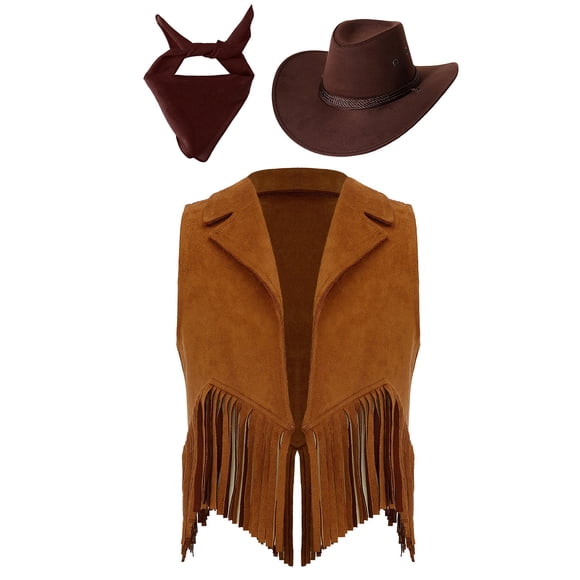 Hansber Western Cowboy Cowgirl Outfits for Kids Suede Tassel Fringe Vest with Hat and Bandanna Set Brown 8