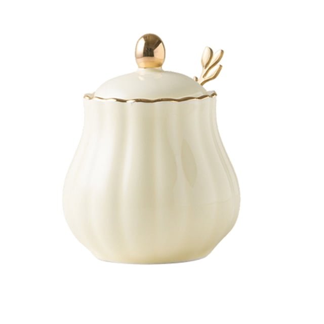 Sugar Bowl With Lid And Spoon, Ceramic Sugar Storage Jar, Porcelain Sugar Pot-Yellow-300ml