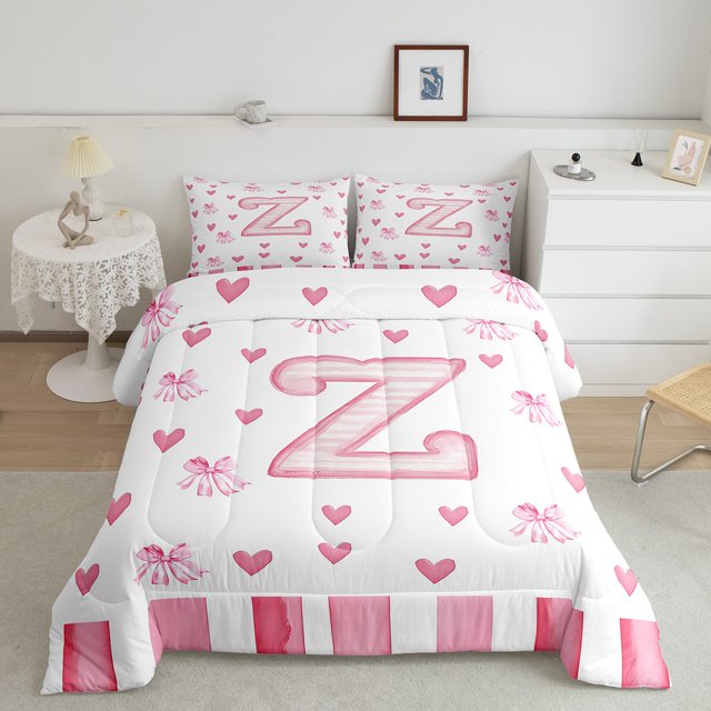 Erosebridal Princess Bow Bedding Full Comforter Set, Initial Z Letter Down Comforter, Pink Heart Decor, Reversible 3 Pieces