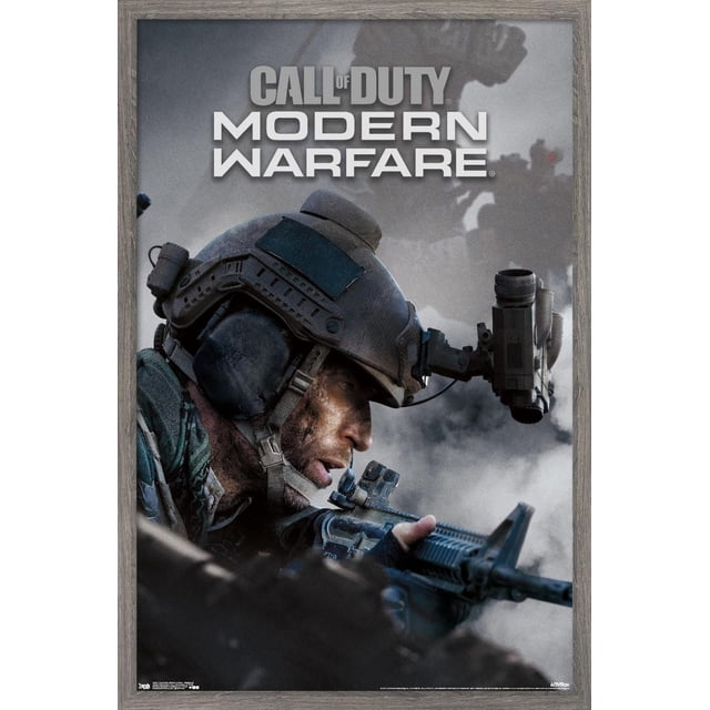 Call of Duty : Modern Warfare Affiche Murale Multijoueur, 22,375 Po x 34 Po, Représentant un Soldat avec Casque Tactique, Lunettes de vision Nocturne Montées, Visant un Fusil sur un Champ de Bataille Enfumé, Imprimée sur Papier Lustré avec un Cadre en Bois Rustique, Convient au Jeu Ou à la Déco Murale de Bureau.