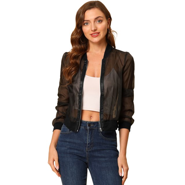 INSPIRE CHIC Blouson Bomber à Manches Longues Transparent à Fermeture Éclair pour Femme