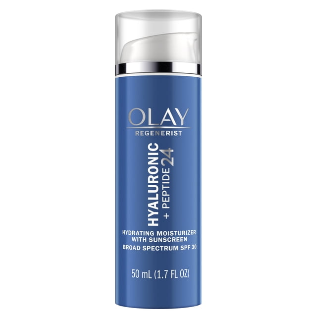 Olay Regenerist Hyaluronic + Peptide 24 Face Moisturizer, Fragrance-Free, SPF 30 in a blue cylindrical pump bottle with silver band and clear cap, labeled hydrating moisturizer with broad spectrum SPF 30, 50 mL (1.7 fl oz), ideal for daily hydration and sun protection.