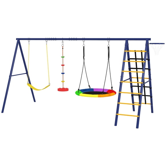 CoSoTower 6 in 1 Kids Swing Set with 1 Saucer Swing, 1 Belt Swing, 1 Disc Rope Swing, Climbing Ladder and Net, Basketball Hoop