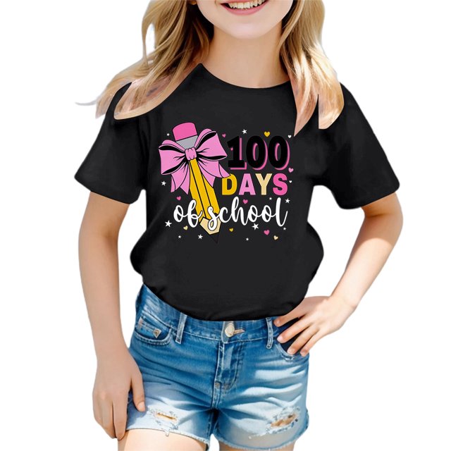 FAOWME T-Shirt Mode Enfant Col Rond Imprimé Cœur Manches Courtes Noir 4-5 Ans