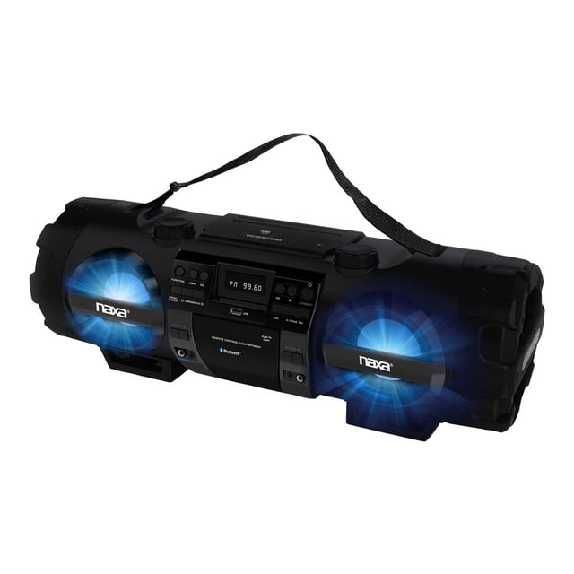 Naxa NPB-262 boombox Noir avec une Sortie de 60 Watts, Doté d'Une Lecture Bluetooth, CD, Hôte USB et MP3. le Système audio portable Comprend des Haut-Parleurs Éclairés, un Panneau de Commande central avec Affichage radio AM/FM, et une Sangle de Transport. Compatible avec des formats audio comme MP3, Audio-CD et cassettes. les Accessoires Incluent une Télécommande et un Cordon d'Alimentation CA, Convient aux Amateurs de Musique Rétro.