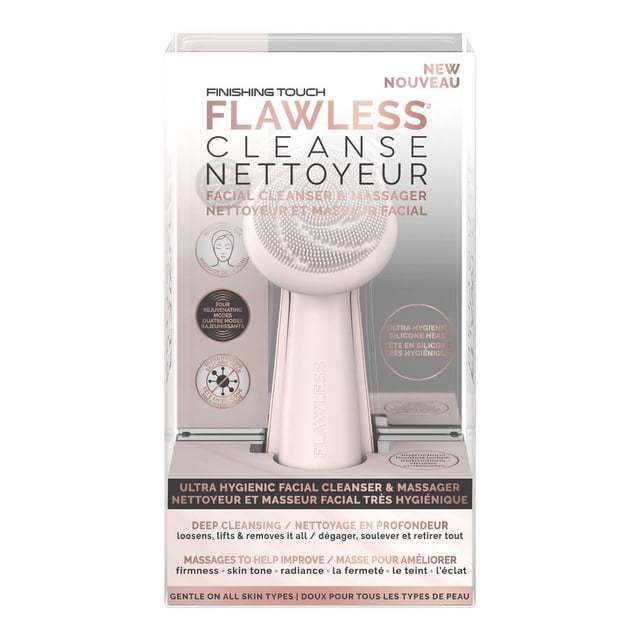 Finishing Touch Flawless Cleanse Facial Cleanser & Massager in pale pink with a round ultra hygienic silicone brush head, designed for deep cleansing, lifting, and removing dirt, oil, and makeup while massaging to improve skin firmness, tone, and radiance, shown in transparent packaging with USB rechargeable and waterproof features, suitable for all skin types.