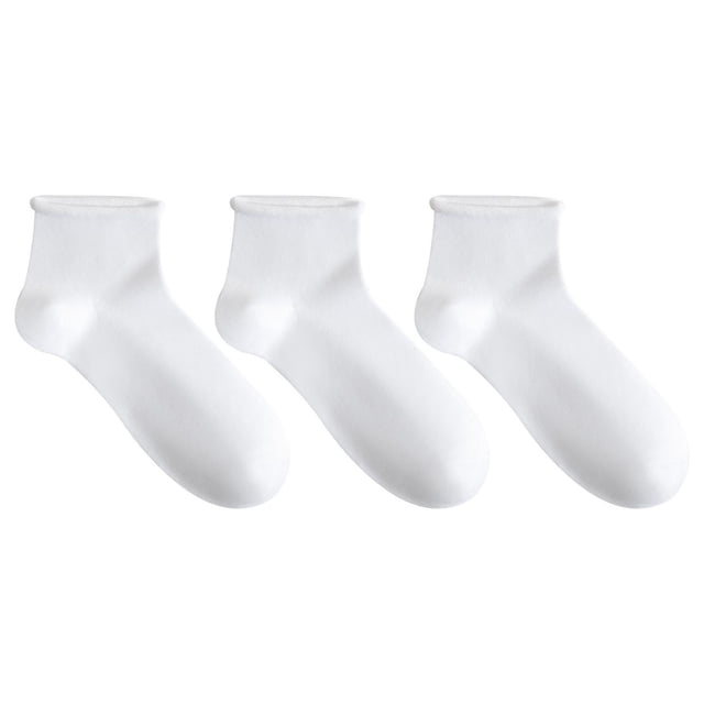 Secret® Ladies 3pk Comfort Top Quarter Socks in white, made from a soft cotton blend with 75% cotton, 23% polyester, and 2% spandex. These ankle-length socks feature a non-binding extra wide cuff for unrestricted circulation and fit shoe sizes 6-10, suitable for casual daily wear.