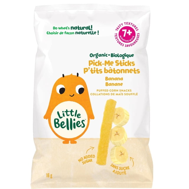 Little Bellies Organic Pick-Me Sticks Banana Puffed Corn Snacks 7+ Months, 16gr, white packaging with an orange cartoon character, showing a single yellow puffed corn stick and three banana slices, no added sugar, ideal for baby puffs and first stage snacking with organic ingredients and tasty textures.