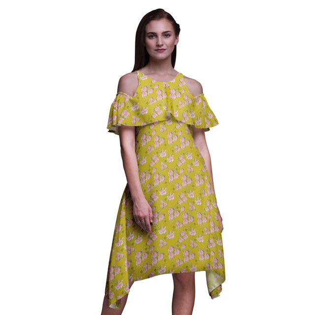 Bimba Yellow Floral Print Womens Chic Style Cold Shoulder Shift Dress Summer Tunic - Medium