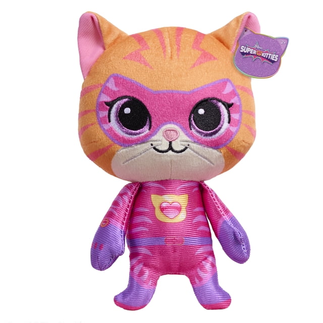 Disney Jr. SuperKitties Small Plush Ginny, a 7-inch tall orange tabby cat plush with pink stripes and large embroidered purple eyes, wearing a pink and purple Su-Purr Wild superhero suit with a heart emblem on the chest and a SuperKitties tag on the ear, suitable for imaginative play and cuddling.