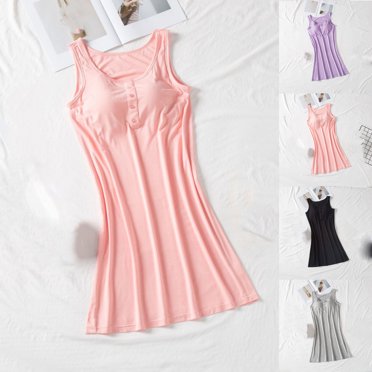 JDQJBZ Chemises de Nuit pour Femmes Sans Manches avec Soutien-Gorge Intégré Couleur Unie Robe de Nuit Ample