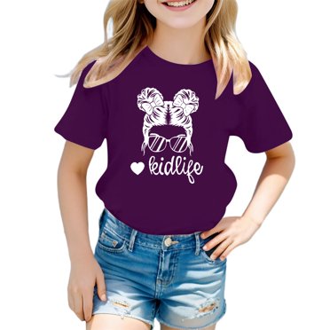 GDREDA Vêtements Fille Enfants Filles Mignon Imprimé Graphique Col Rond Manches Courtes Tee Été Décontracté T-Shirt Tee Shirts pour Fille Coupe Ample Violet,8-9 Ans