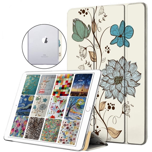 DuraSafe Cases iPad 9.7 Air 1st 2nd 5th 6th [ Air 1 2 iPad 5 6 Gen ] A1893 A1954 A1822 A1823 A1566 A1567 A1474 A1475 A1476 TriFold Printed Hard PC Transparent Back Cover - Watercolor Flowers