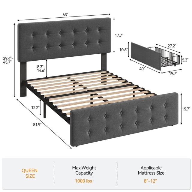 Ourlova Cadre de Lit Format Grand avec 4 Tiroirs de Rangement et Tête de Lit, Cadre de Lit Plateforme Rembourré en Lin avec Lattes en Bois, Design Capitonné à Boutons