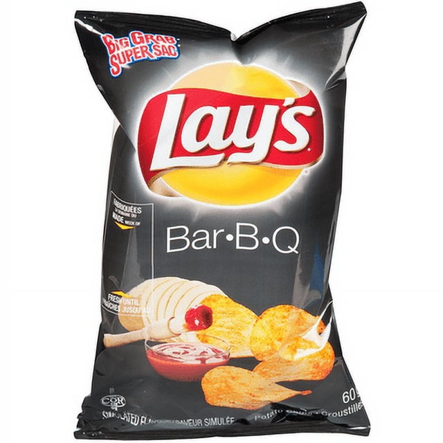 Lay's Bar-B-Q Potato Chips, Sweet & Smoky Vending Format, 60 g (2.1 oz) Single-Serve Bags, 32-Count Bulk Case. The bag features the iconic Lay's logo on a black background, showcasing the sweet and smoky Bar-B-Q flavour with visuals of chips and dipping sauce. Ideal for vending machines, snack stations, and bulk snack purchases.