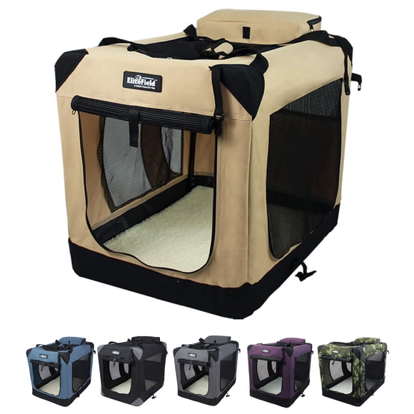 EliteField 3-Door Folding Soft Dog Crate with Carrying Bag and Fleece Bed (2 Year Warranty), Indoor & Outdoor Pet Home (24" L x 18" W x 21" H, Purple)