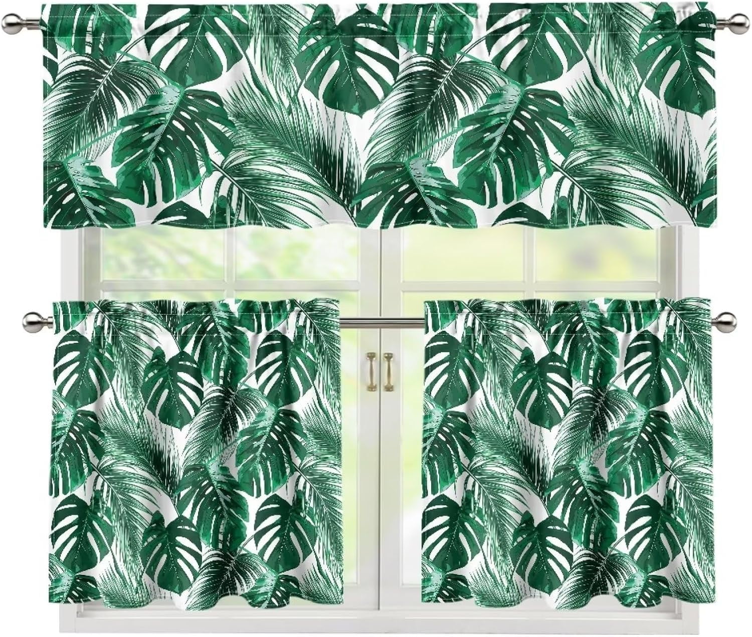 Monstera Kitchen Curtains and Valances Set,3 Piece Small Window Valance Sets Treatment Drapes for Kitchen, Bedroom, Living & Dining Room by Achim Home Decoration