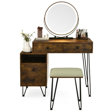 Patiojoy Ensemble de Coiffeuse de Chambre avec Tabouret, Miroir Éclairé à 3 Couleurs, Grande Armoire de Rangement avec Tiroir, Brun
