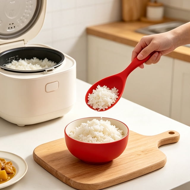 Non-Stick Silicone Rice Spoon Heat Resistant Kitchen Utensil for Rice Cooker, Food Grade Flexible Spatula with Hanging Hole