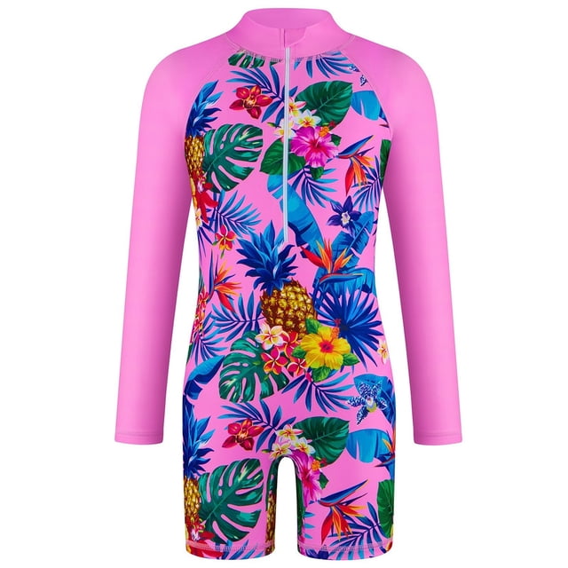 Kid Girls Swimming Bathing Suit Rash Guard Ruffle Long Sleeve Sun Protection Summer Bathing Suit for Kids 5-6Y