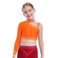 thumbnail image 1 of Manyakai Kids Girls Shiny Rhinestone Jazz Latin Modern Lyrical Dance Crop Tops Irregular Shoulder Orange 16, 1 of 7