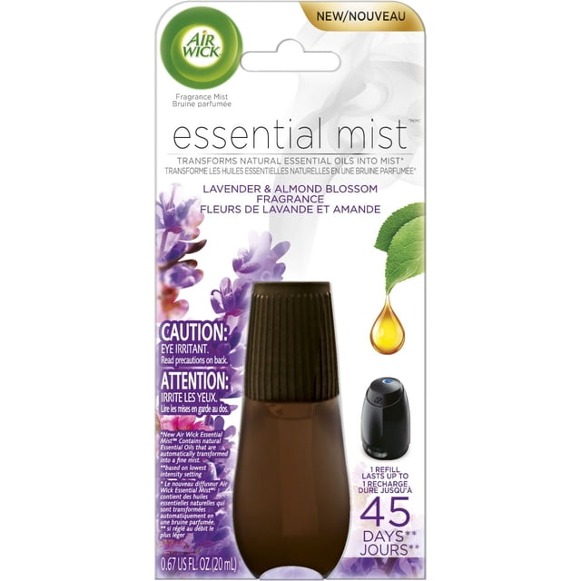 Air Wick Essential Mist Recharge de Diffuseur d'Huiles Parfumées Parfum Lavande et Fleur d'Amandier, Bouteille de 0,67 fl oz (20 ml) avec Bouchon Nervuré Brun Foncé, Contenant des Huiles Essentielles Naturelles Qui Se Diffusent par Intermittence sous Forme de fine Brume, Offrant jusqu'à 45 Jours de Parfum à Faible Réglage, Montré avec des Fleurs de Lavande et un Graphique de Goutte d'Huile.