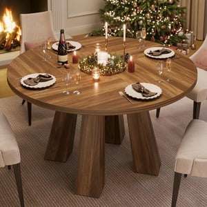 47" Round Dining Table for 4-6, Wood Kitchen Table with Sturdy Base, Farmhouse Circle Dinner Table for Dining Room, Living Room, 4 Strong Legs, Walnut