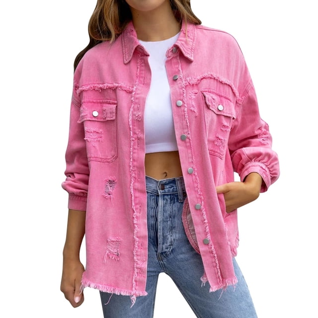SHIXIAOO Women's Ripped Oversized Denim Jacket Casual Long Boyfriend Distressed Denim Jacket Womens Jackets Fall Casual Button down Button Jean Womens Summer Jackets Denim Jacket Lightweight Fringe