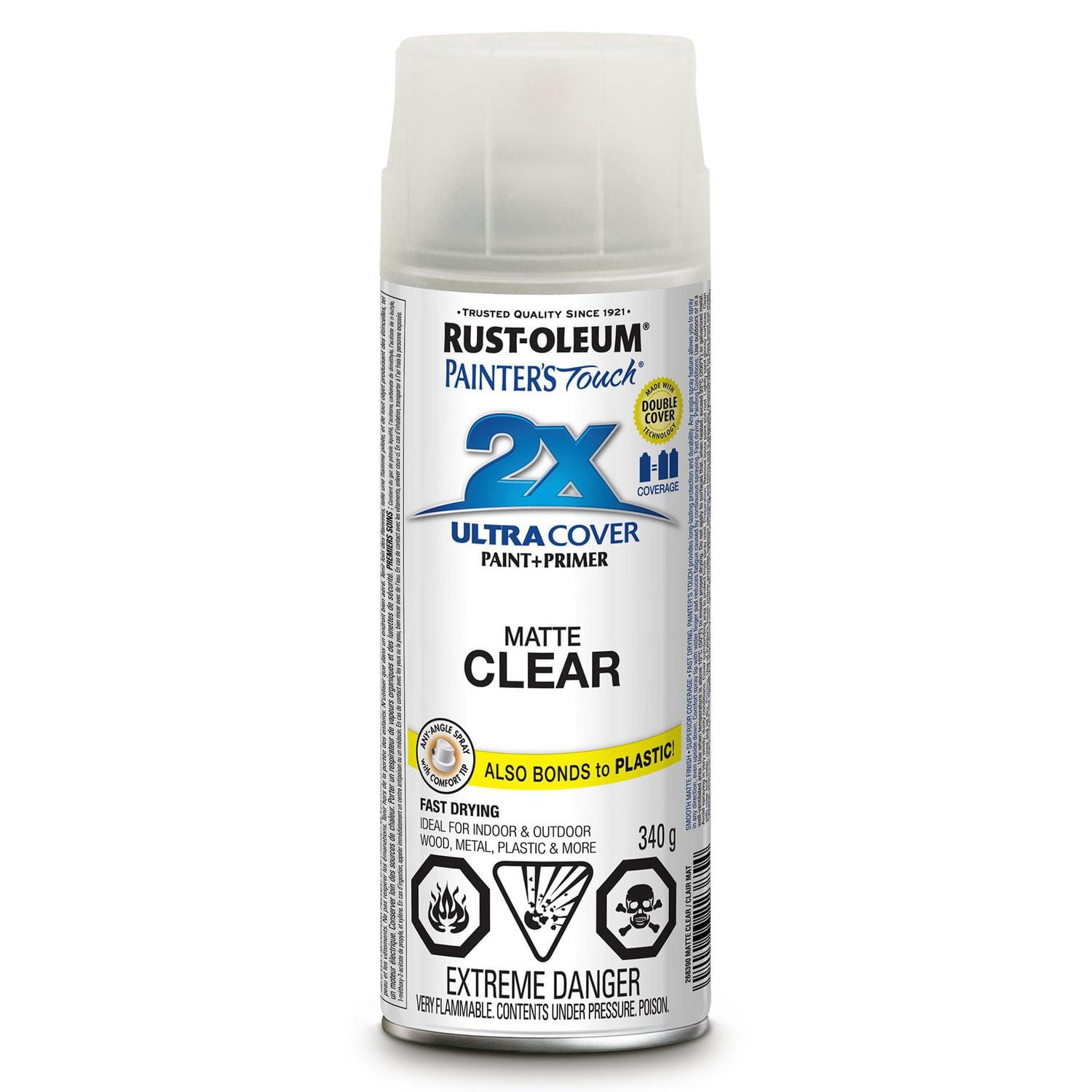 Peinture et apprêt polyvalents Rust-Oleum Painter's Touch 2X pour intérieur/extérieur, finition mate plate claire, bombe de 340g