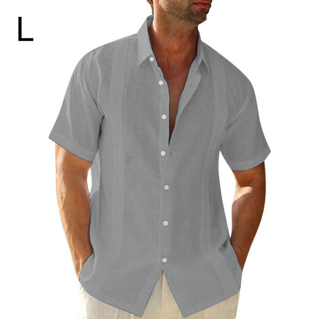 ziyahi Traveling Casual Style Men's Button Down Shirt Summer Pool Party Solid Color Simple Design Slim Fit Tops Daily Clothes Grey L