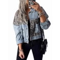 thumbnail image 3 of Womens Button Down Distressed Leopard Denim Jean Jacket Washed Long Sleeve Ripped Cheetah Jean Coat Light Blue XL, 3 of 7