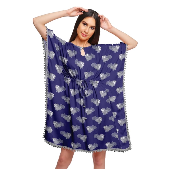 Moomaya Robe Courte de Caftan de Plage, Robe de Couverture Imprimée, Kaftan pour Femmes, Tenue de Plage, Couverture