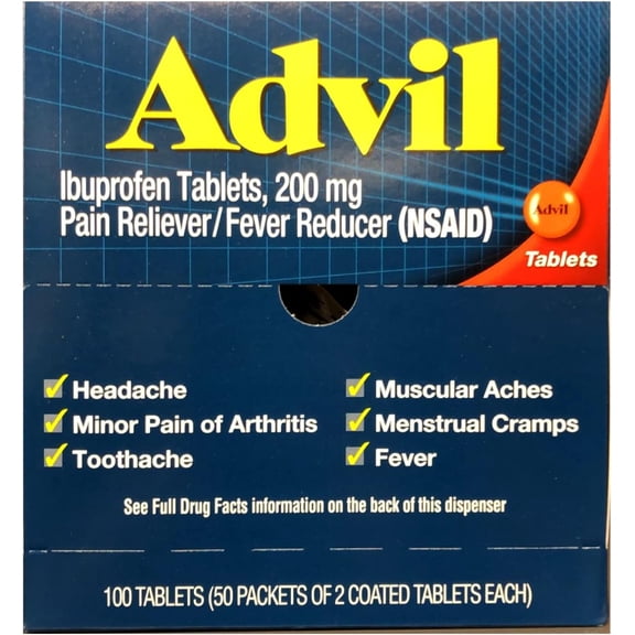 Advil Advanced Medicine For Pain, Ibuprofen Tablets, 200mg - 100 Tablets (50 Packets of 2 Coated Tablets) Per Dispenser Box