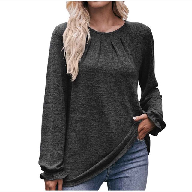 IROINNID Rabais T-shirt à Manches Longues en Polyester pour Femmes Chemises en Coton pour Femmes Décontracté Uni Col Rond T-shirt Ample Haut, Gris Foncé