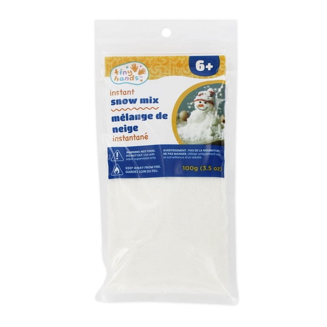 TINY HANDS Mélange Instantané pour la Neige, 100 g (3,5 oz), 6 Ans et Plus, dans un Sac en Plastique Transparent avec une Étiquette Blanche et Jaune Présentant une image de Bonhomme de Neige et un Texte Bilingue, Comprend des Avertissements pour la supervision des Adultes et la Sécurité Incendie, Convient aux Bricolages pour Enfants, au Jeu Sensoriel et à la Déco des Fêtes.
