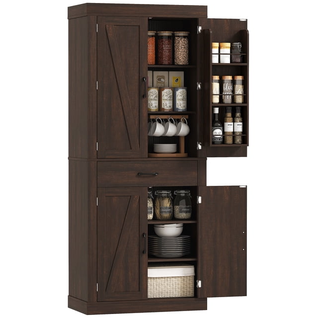 Armoire de Cuisine 72 Pouces, Armoire de Rangement de Cuisine avec Portes de Grange, Marron