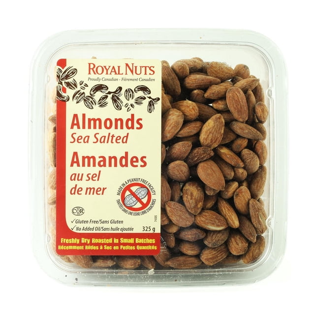 Almonds Sea Salted by Royal Nuts in a clear plastic container showing dry roasted whole almonds with sea salt, labeled gluten-free, no added oil, peanut-free facility, 325 g, suitable for snacking, cooking, and baking as a nut topping.