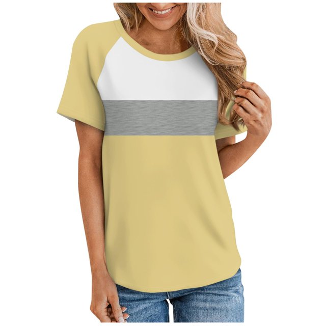 Timegard Womens Top Crewneck Drop Shoulder Short Sleeve Blouse Casual Comfy Color Block Tee Shirts Top
