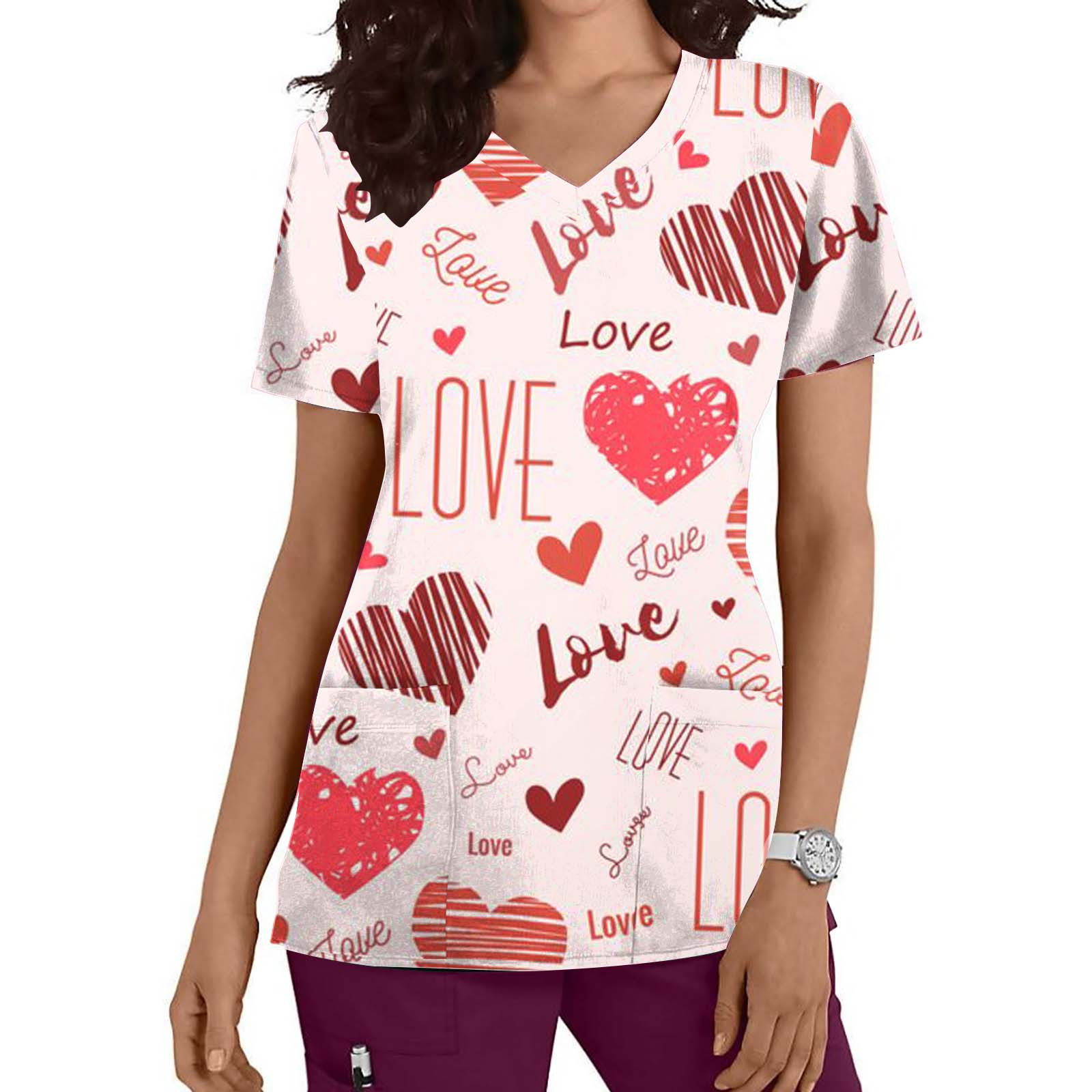 TIMIFIS Haut de Sarrau Rouge Femme Imprimé Manches Courtes Col en V Hauts Uniforme Saint-Valentin Imprimé Poches Blouse Soins Infirmiers avec Poches-Rouge Imprimé