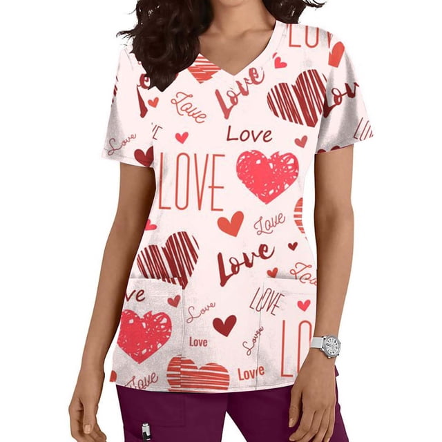 TIMIFIS Haut de Sarrau d'Infirmière Rouge pour Femmes, Saint-Valentin, Uniforme de Travail, Manches Courtes, Col en V, Blouse T-shirt de Travail avec Poches - Imprimé Rouge