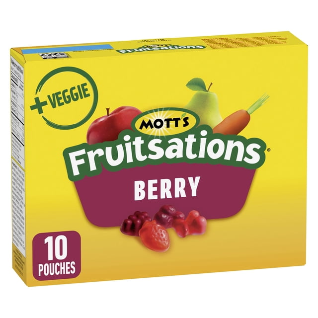 MOTTS FRUITSATIONS PLUS VEGGIE FRT FLVRD SNCKS BERRY box with yellow background featuring illustrations of a red apple, green pear, and orange carrot above the brand name. The front shows red and purple berry-shaped fruit snacks, highlighting 10 pouches and added vegetable content, ideal as a gluten-free, gelatin-free family snack.
