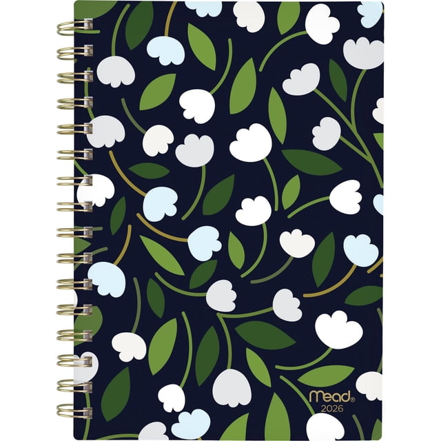 2026 Mead® Lily Valley Small Weekly Planner with a durable navy blue poly cover featuring a multicolour lily of the valley floral pattern of white and light blue flowers and green leaves, twin gold coil binding that lays flat, and the Mead logo in gold at the bottom right.